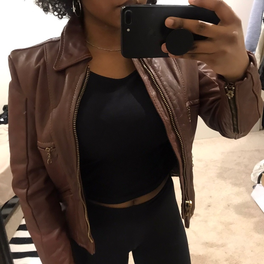 Brown leather jacket.
